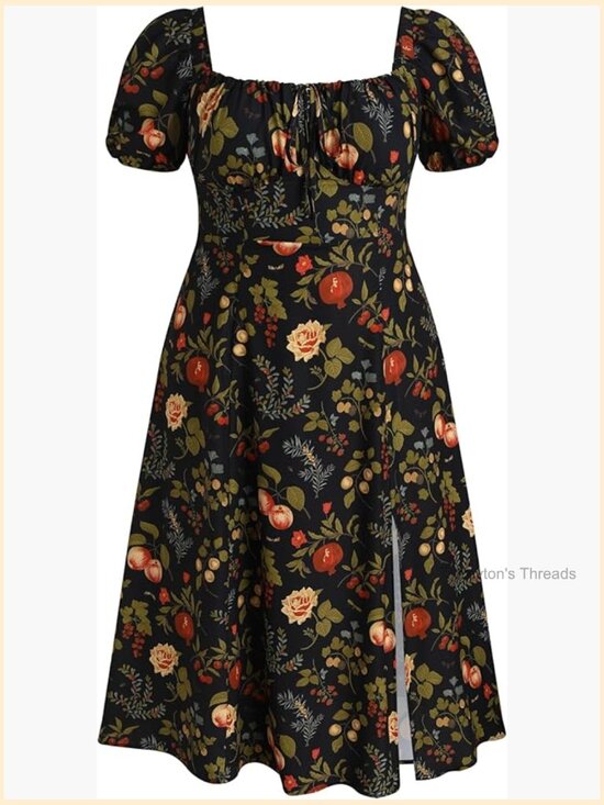 Dresses & Skirts - Plus Size Floral Fruit Midi Dress with Puff Sleeves & Split
